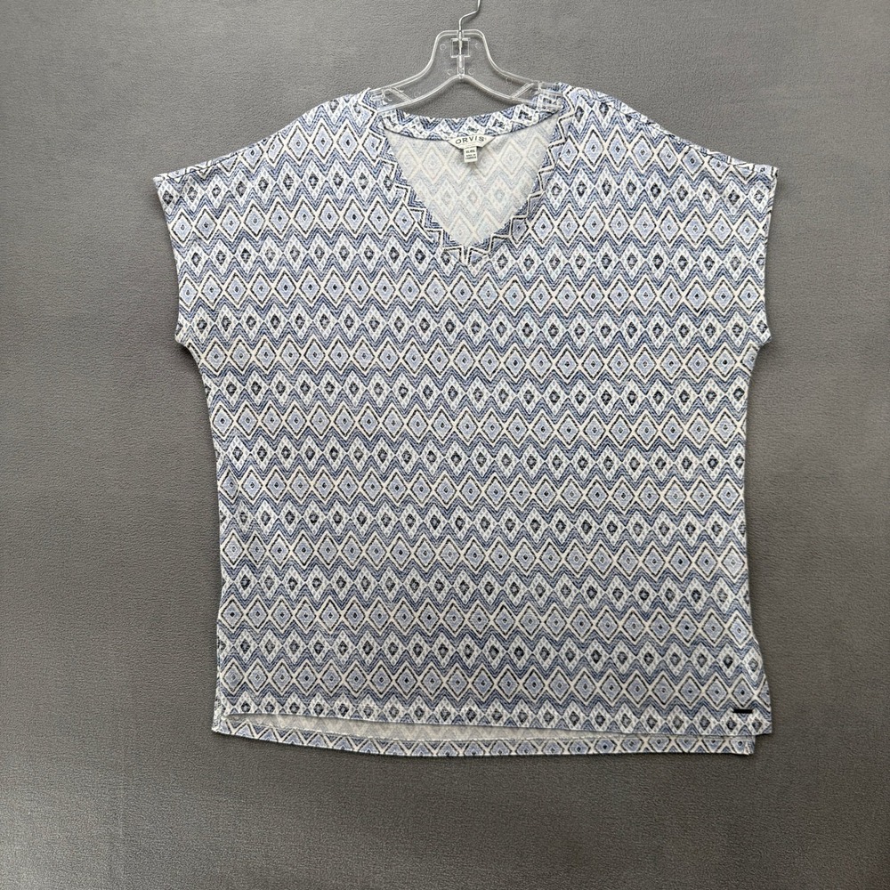 Orvis Classic Collection Blue Geometric Diamond V-Neck Knit Top XL